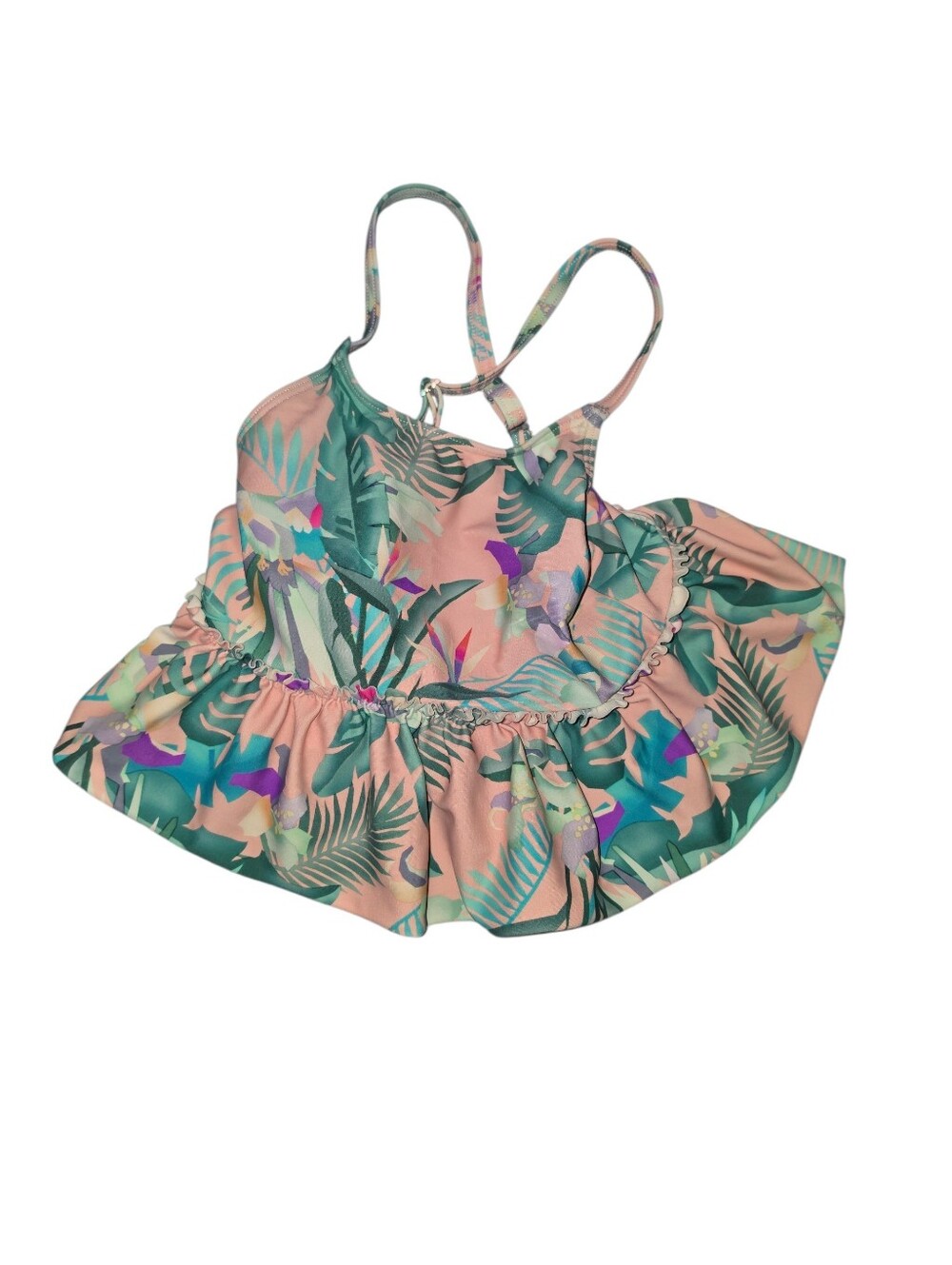 9/4/4. Girls' Tropical Ruffle Swim Top - Pink & Green